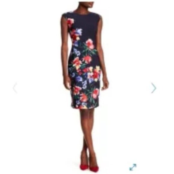 Vince Camuto Dress 14 Navy Blue Florals Stretch Sheath Washable NEW $148 - Picture 1 of 12